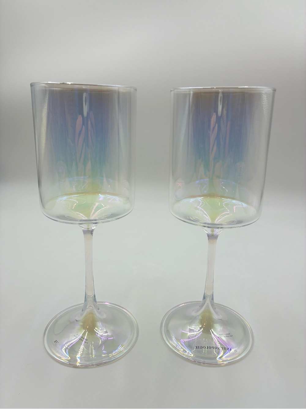Anthropologie Morgan Wine Glasses Iridescent Clear 8.5” Cylindrical Set of 2
